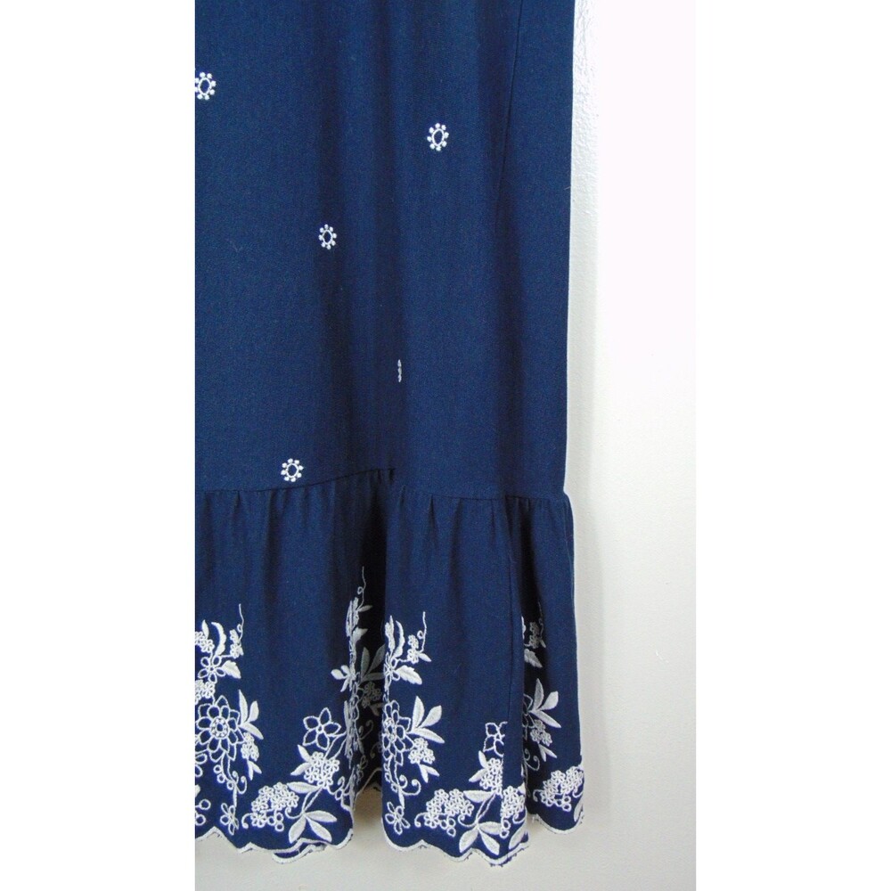 J.Jill Womens Large Navy Blue Floral Embroidered Midi Dress Short Sleeve Boho - Picture 5 of 8